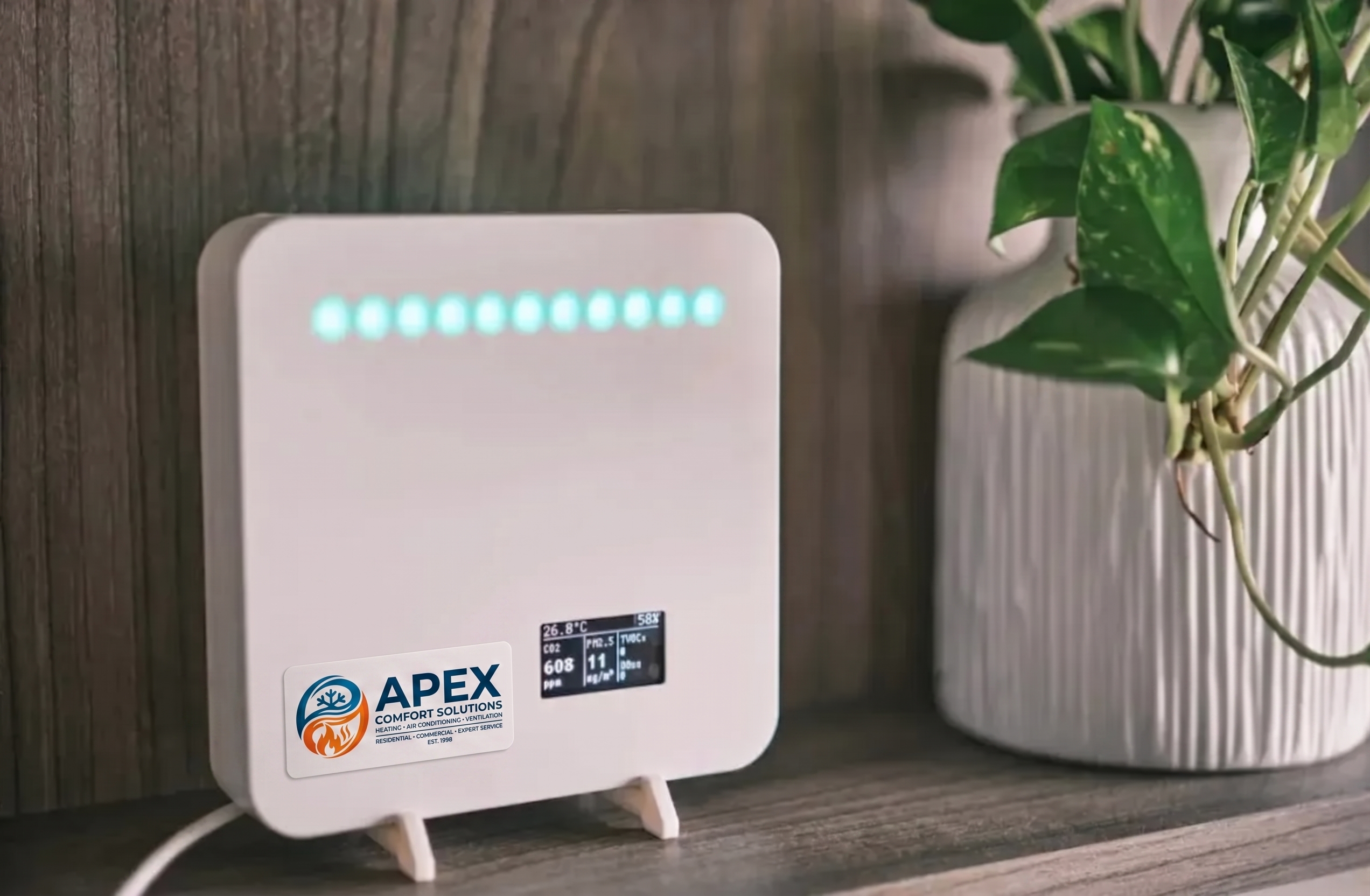 An indoor air quality sensor on a shelf, wearing an Apex Comfort Solutions branded label.